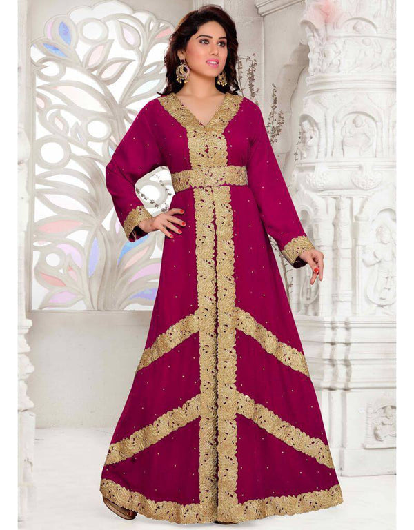 Wine Aari & Stone Work Stitched Georgette Kaftan Wedding Dress