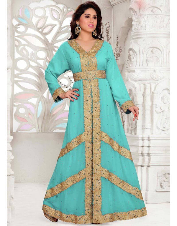 Sea Green Aari & Stone Work Stitched Georgette Kaftan Wedding Dress