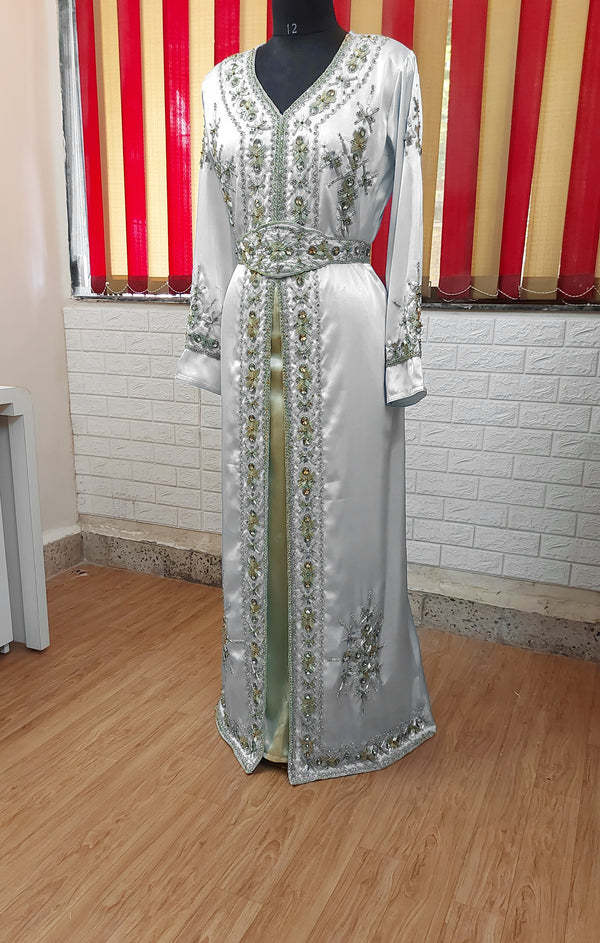 White inner light gold color luxurious Full Sleeves Handmade Moroccan Kaftan.