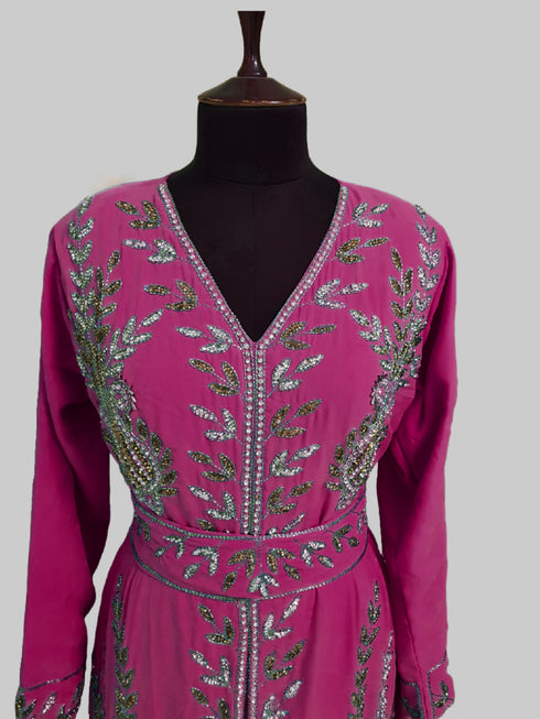 Wine color luxurious Full Sleeves Handmade Moroccan Kaftan.