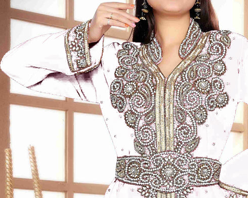 Off-White color luxurious Handmade Moroccan Kaftan with hijjab
