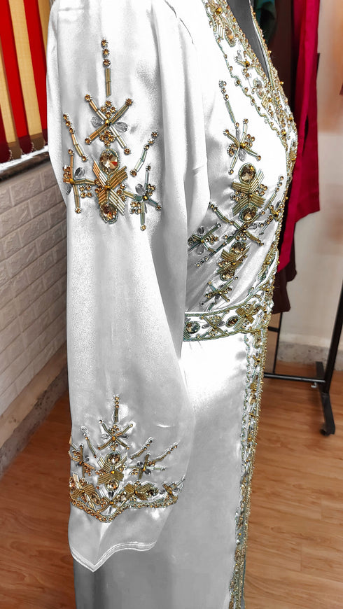 White inner light gold color luxurious Full Sleeves Handmade Moroccan Kaftan.