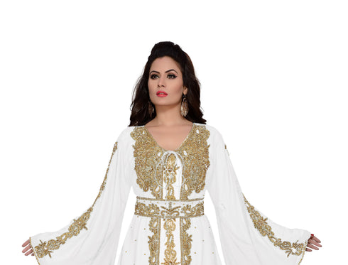 Off-White & white color luxurious Handmade Moroccan Kaftan with hijab