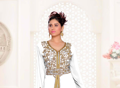 Off-White & White color luxurious Handmade Moroccan Kaftan with hijjab