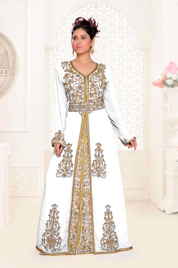 Off-White & White color luxurious Handmade Moroccan Kaftan with hijjab