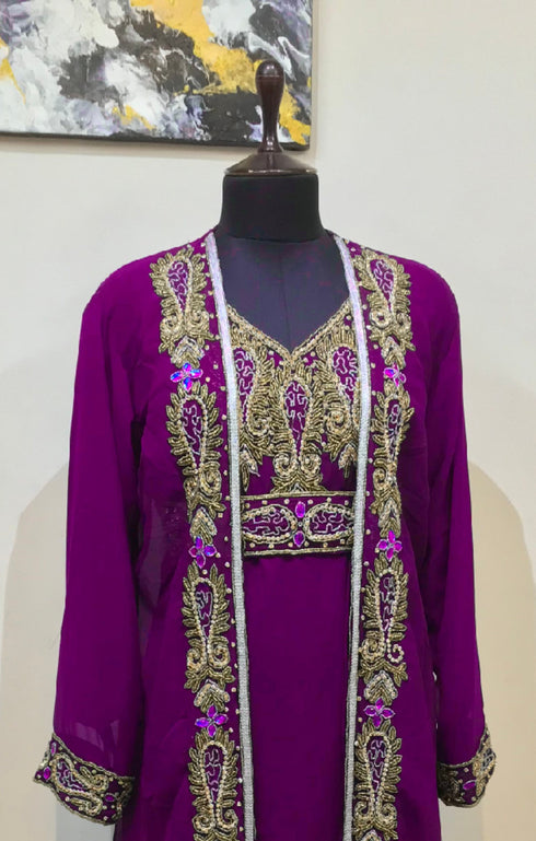 Wine color luxurious Full Sleeves Handmade Two Piece Jacket Style Moroccan Kaftan.