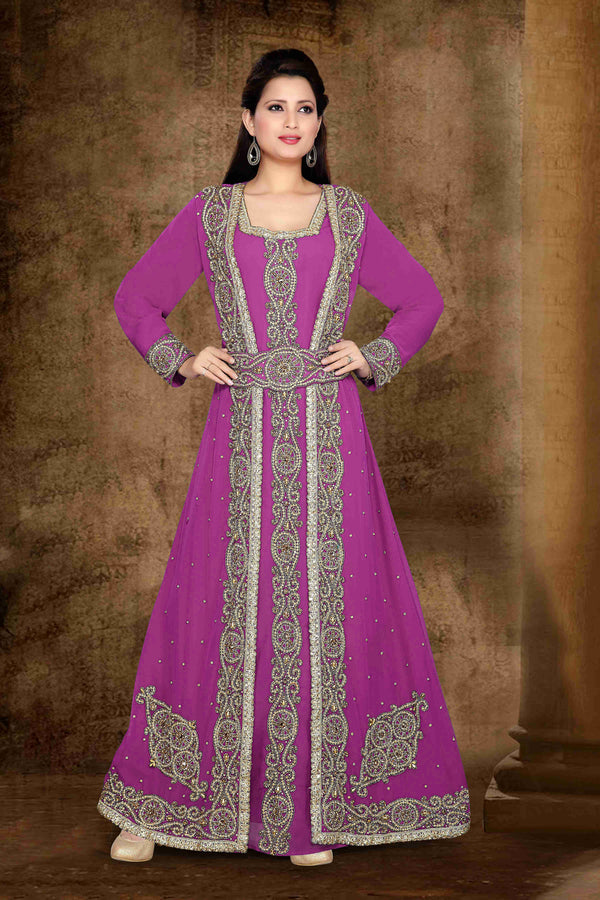 Wine color luxurious full sleeves Handmade Moroccan Kaftan with hajab