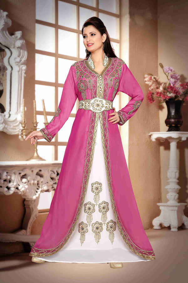 Pink and White Georgette Zari Work Kaftan