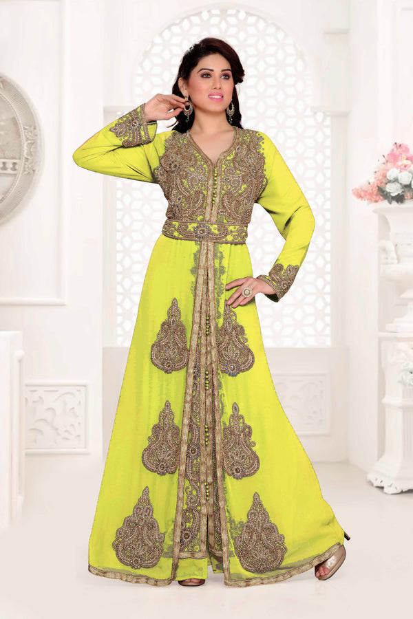Yellow color luxurious Full Sleeves Handmade Moroccan Kaftan with hijjab