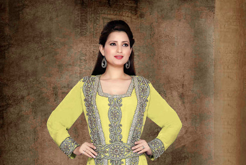 Yellow color luxurious Full Sleeves Handmade Moroccan Kaftan with hijab