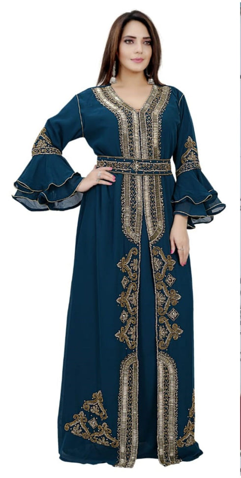 Navy blue luxurious Bell Sleeves Moroccan Kaftan With Sun Proof Hijab.