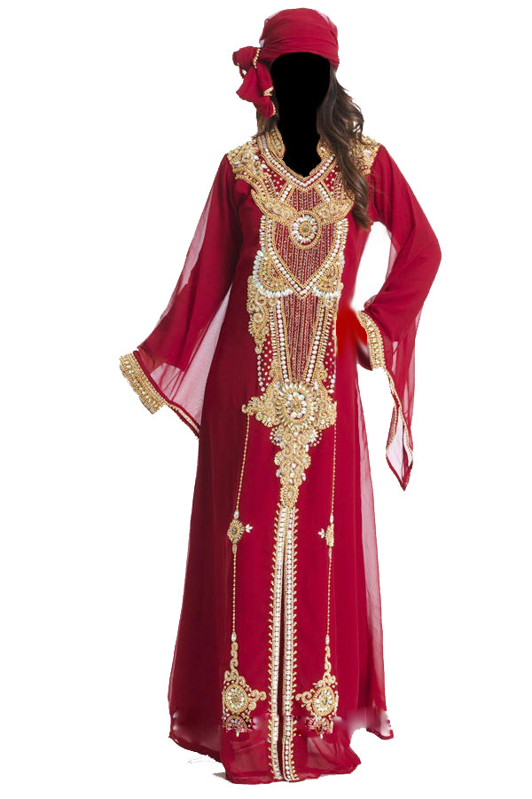 Caroot red georgette islamic kaftan with zari and stone work