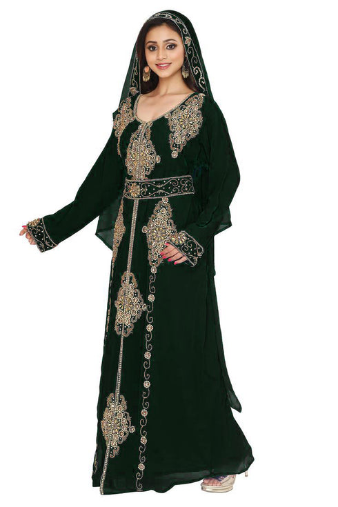Black color luxurious Full Sleeves Handmade Moroccan Kaftan Style Embroidered zari work hijab