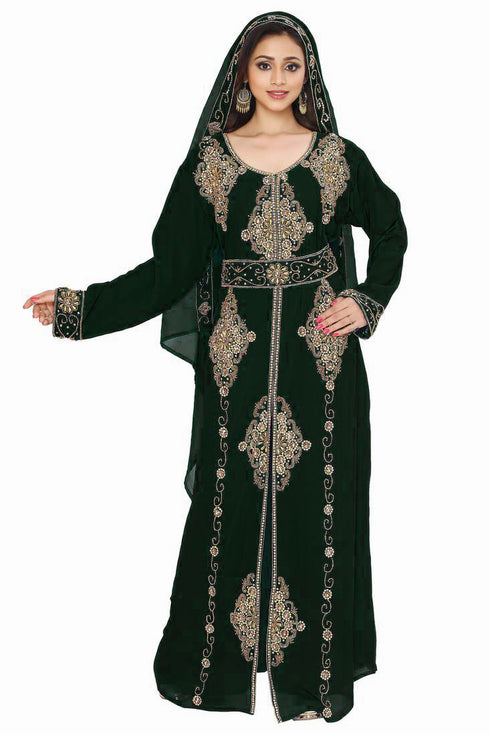 Black color luxurious Full Sleeves Handmade Moroccan Kaftan Style Embroidered zari work hijab