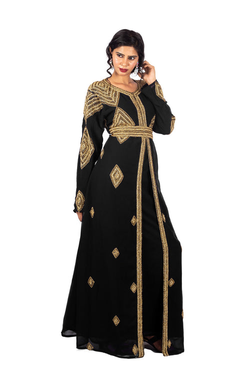 Black Diamond Design Luxurious Moroccan Kaftan with Sun-proof hijab.
