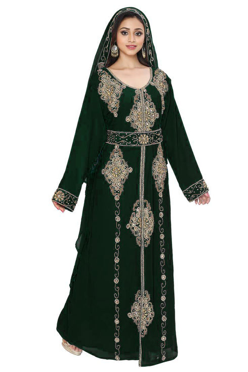Black color luxurious Full Sleeves Handmade Moroccan Kaftan Style Embroidered zari work hijab