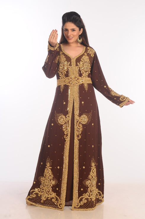 Brown Dubai Moroccan Kaftan Farasha Abaya Maxi Modern Fancy Floor Length Dress