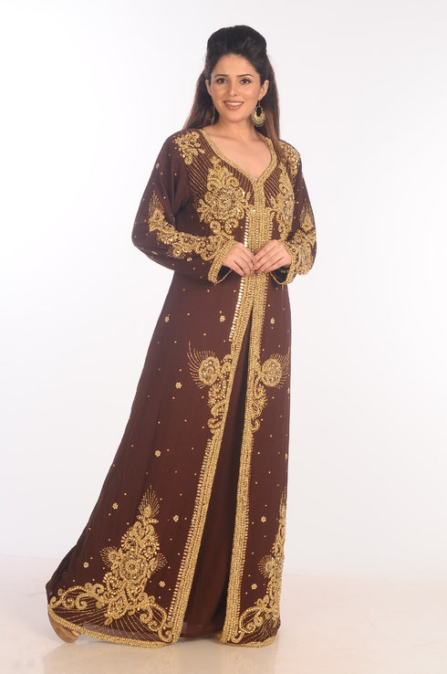 Brown Dubai Moroccan Kaftan Farasha Abaya Maxi Modern Fancy Floor Length Dress