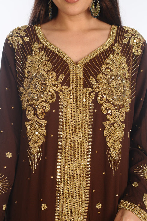 Brown Dubai Moroccan Kaftan Farasha Abaya Maxi Modern Fancy Floor Length Dress