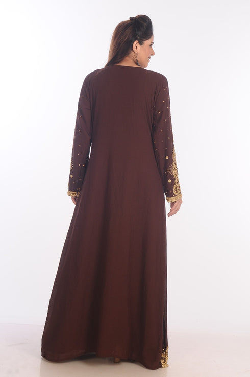 Brown Dubai Moroccan Kaftan Farasha Abaya Maxi Modern Fancy Floor Length Dress