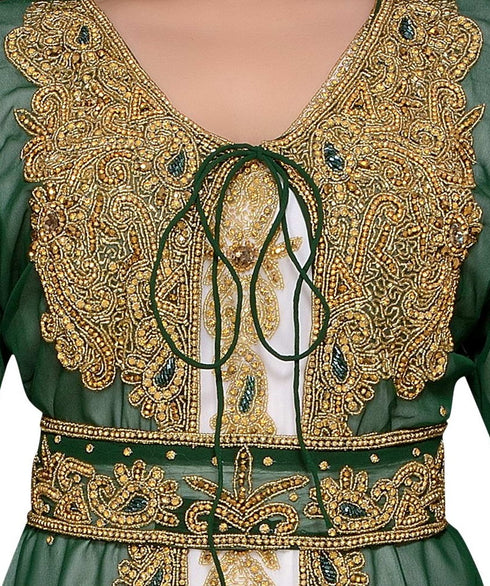 Dark Green & white color luxurious Handmade Moroccan Kaftan with hijab