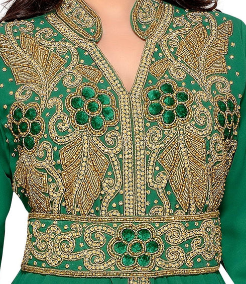 Dark-Green color luxurious Handmade Moroccan Kaftan with hijjab