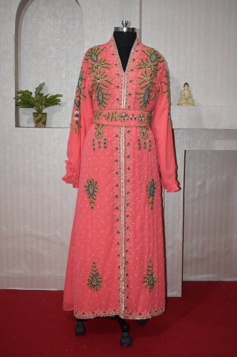 Peach color Zari Stone Work Georgette Islamic Style Beads Embedded Partywear Kaftan Long Gown Evening wear Dubai kaftan