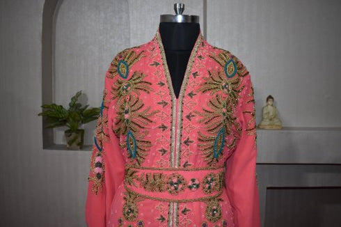 Peach color Zari Stone Work Georgette Islamic Style Beads Embedded Partywear Kaftan Long Gown Evening wear Dubai kaftan