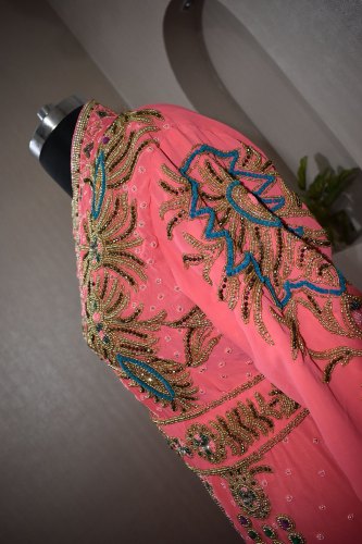 Peach color Zari Stone Work Georgette Islamic Style Beads Embedded Partywear Kaftan Long Gown Evening wear Dubai kaftan