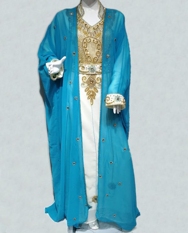 Cyan And White Beads And Stonework Georgette Hand Stitched Arab Moroccan Jacket Kaftan With Sun-proof hijab.