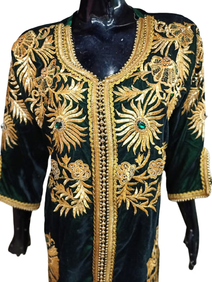 GREEN ZARI WORK STONES & BEADS EMBELLISH GEORGETTE ISLAMIC STYLE ARABIAN MAXI PARTYWEAR KAFTAN