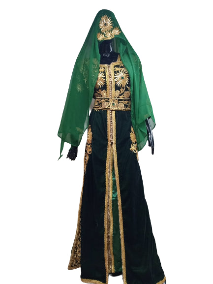 GREEN ZARI WORK STONES & BEADS EMBELLISH GEORGETTE ISLAMIC STYLE ARABIAN MAXI PARTYWEAR KAFTAN