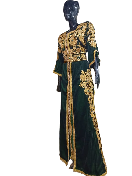 GREEN ZARI WORK STONES & BEADS EMBELLISH GEORGETTE ISLAMIC STYLE ARABIAN MAXI PARTYWEAR KAFTAN
