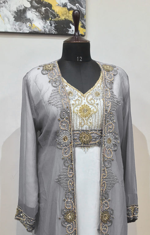 Gray & White color luxurious Full Sleeves Handmade Two Piece Jacket Style Moroccan Kaftan.