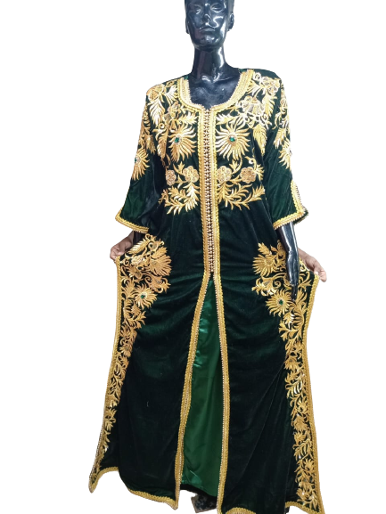 GREEN ZARI WORK STONES & BEADS EMBELLISH GEORGETTE ISLAMIC STYLE ARABIAN MAXI PARTYWEAR KAFTAN