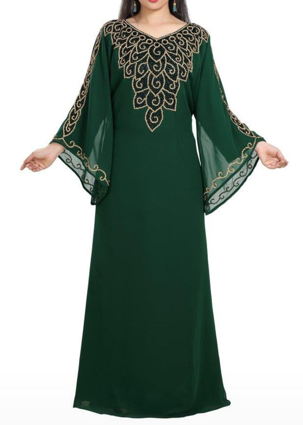 green georgette moroccan islamic dubai kaftan farasha zari and stone work dress