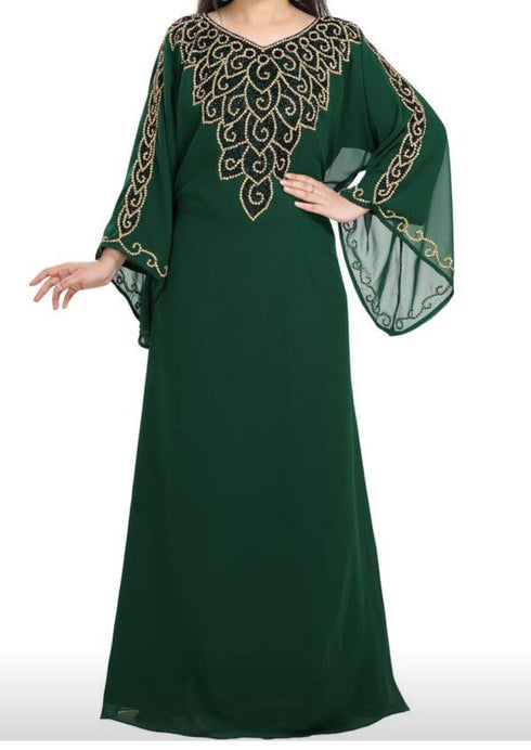 green georgette moroccan islamic dubai kaftan farasha zari and stone work dress