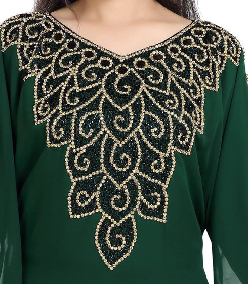 green georgette moroccan islamic dubai kaftan farasha zari and stone work dress