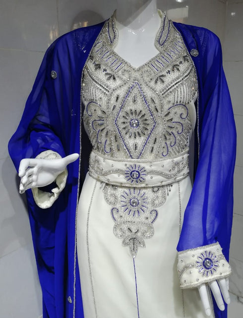 Royal Blue White Beads and Stonework Moroccan Jacket Kaftan with Sun-proof hijab.