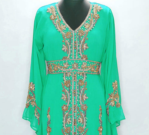 Opulent Emerald Green Kaftan Gown with Gold Zari & Crystal Work | Luxury Event Dress