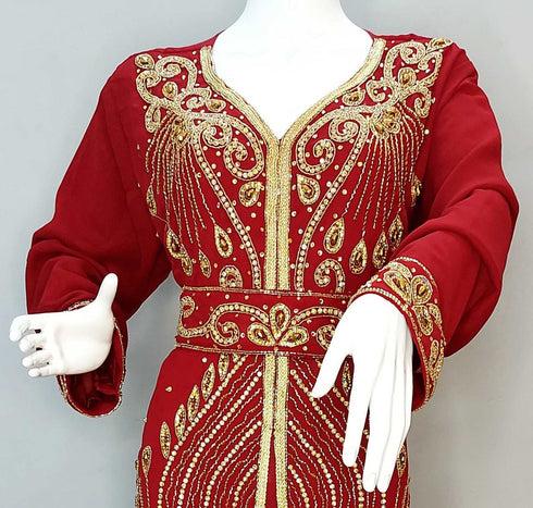 Maroon luxurious Moroccan Kaftan With Sun-proof hijab.