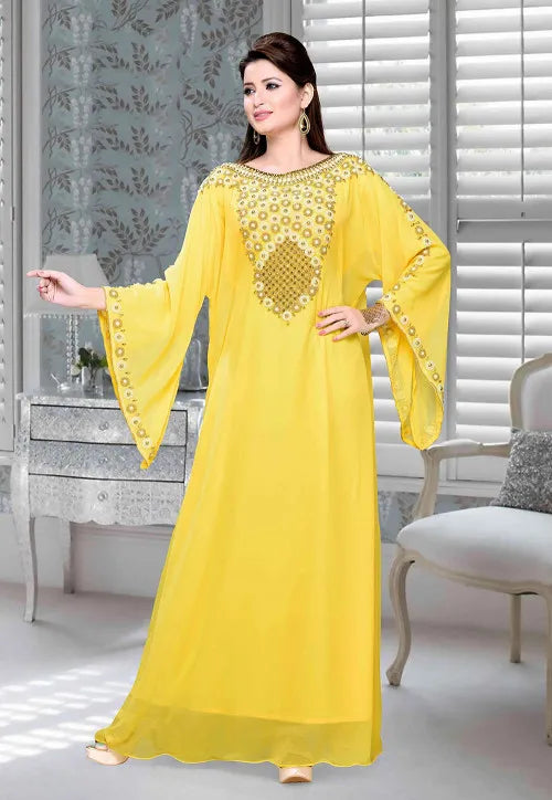 Yellow Zari & Stone Work Stitched Georgette Abaya Wedding Dress