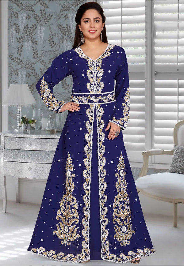 Navy Blue Zari & Stone Work Stitched Georgette Kaftan Wedding Dress