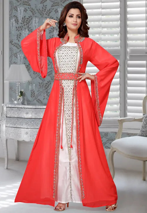 Red-White Zari & Stone Work Stitched Satan Kaftan Wedding Dress