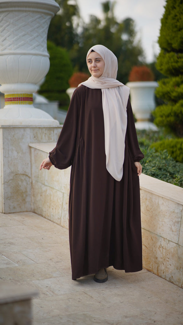 Brown Color Frilled and Pleated Abaya with Elastic-Cuffed Sleeves in Firdaus Fabric