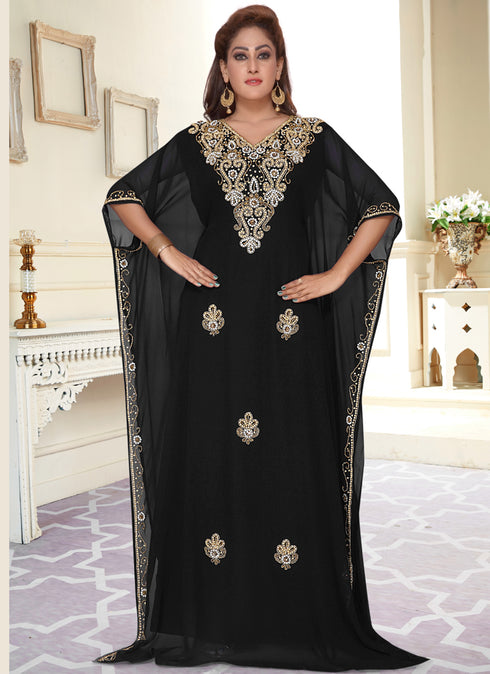 Black embroidered georgette islamic-kaftans With Sun-proof hijab.
