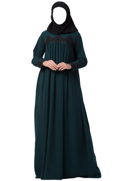 Green designer abaya dress with pearl lace work