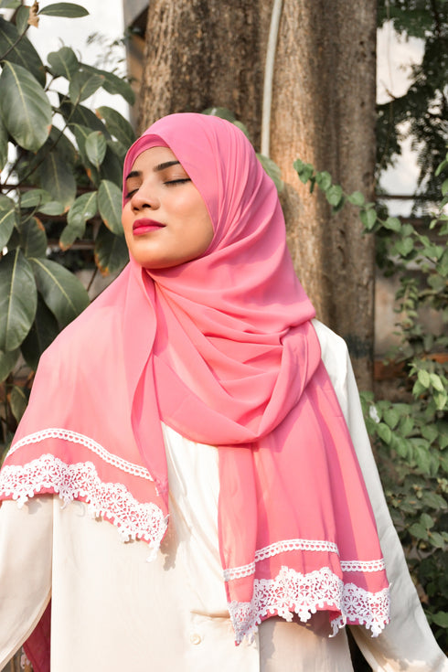 Pink Georgette Chiffon Lace Hijab