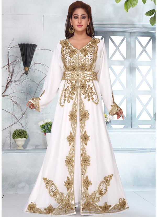 White embroidered georgette islamic-kaftans With Sun-proof hijab.