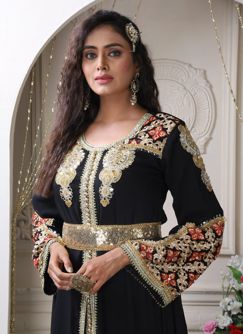 Black moroccan designer embroidery maxi long luxury kaftan